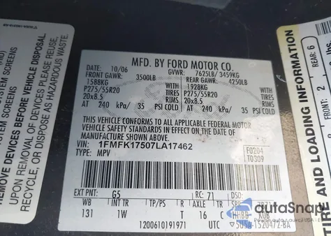 2007 Ford Expedition El Eddie Bauer z USA, uszkodzony, nr VIN 1FMFK17507LA17462